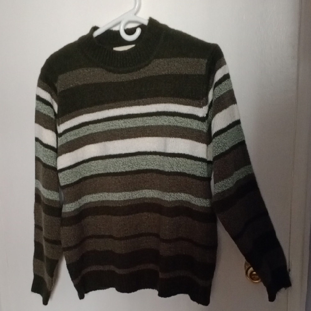 Vintage Pit To Pit 23.Striped Men's Sweater - Green, Brown, and White